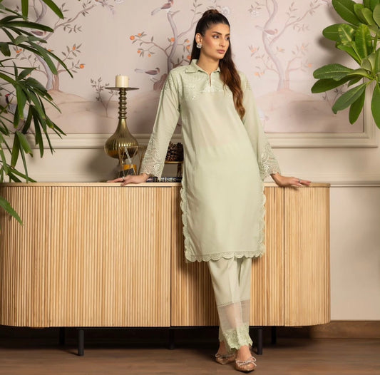 THREADS AND MOTIFS - Light Green Collared Emb Suit