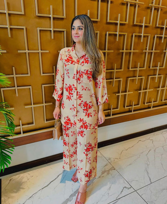 AMNA IQBAL - Beige with red printed Coord Set