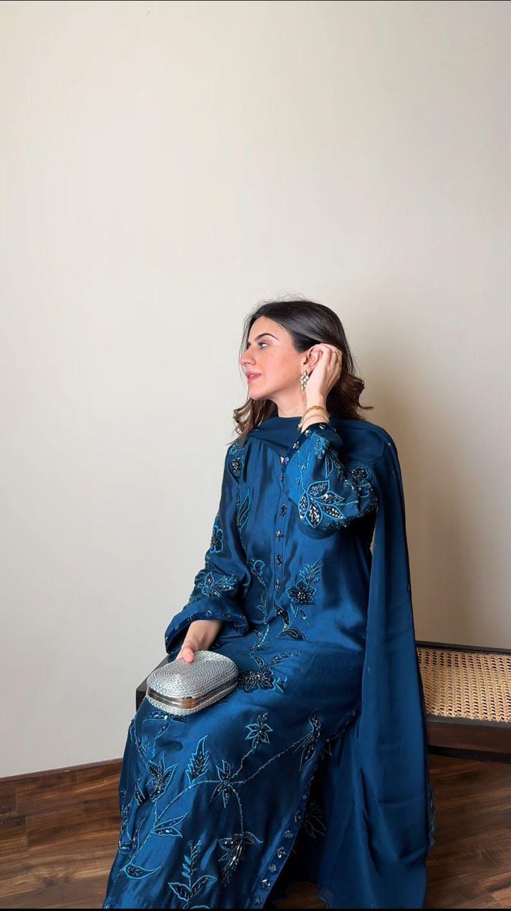 SABEEN MANEKIA - Teal Blue with Velvet Applique Handwork